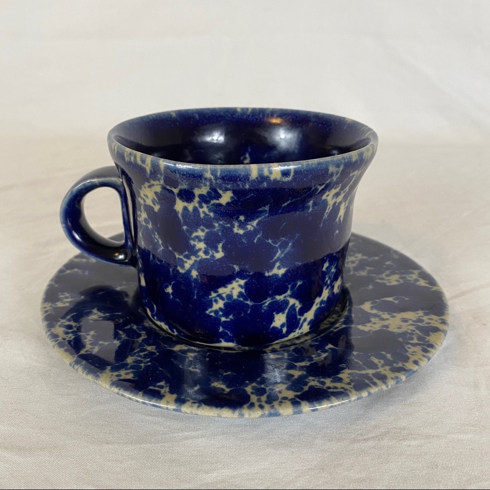 Vermont Bennington Potters Cup/Mug & Saucer Set Blue Agate Spatterware 1626 1627